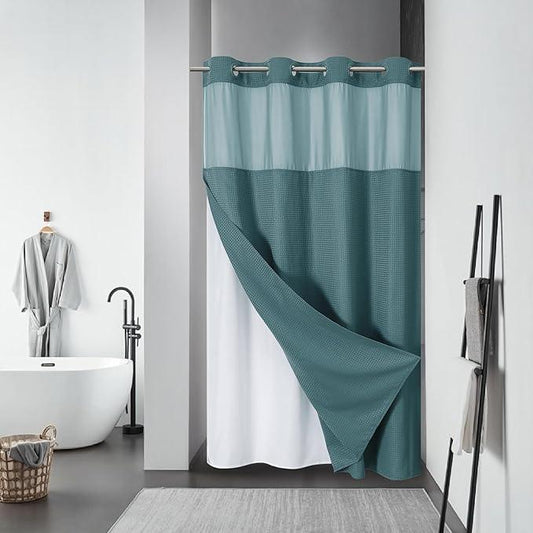 eachope SeawedGreen No Hook Waffle Weave Shower Curtain with snap-in Liner Replacement, 230GSM Waterproof Fabric Hotel Shower Curtain Set for Bathroom, Through Mesh Top Window,54Wx80H - ModernBath