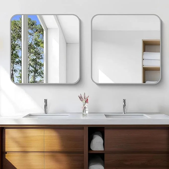 CIVENO Silver Bathroom Mirror, 30 x 30 Inch Silver Square Mirror, Metal Framed Rectangular Vanity Mirror, Rounded Corner Wall Mounted Mirror for Living Room Bedroom Entryway Hangs Horizontal/Vertical - ModernBath