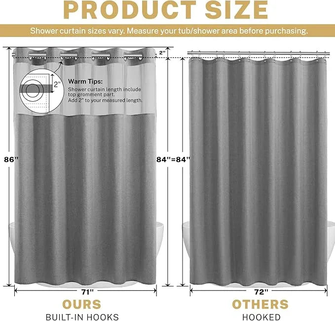 WONICY Extra Long No Hook Shower Curtain with Snap in Liner, Polyester Textured Shower Curtain with Liner Set, Waterproof Washable Hotel Style Shower Curtains for Bathroom, 71Wx86H, Grey - ModernBath