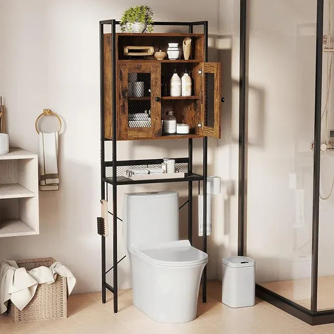 Tangkula Over The Toilet Storage Cabinet, 5-Tier Space Saver Above Toilet with 2 Mesh Doors, Metal Stand, Toilet Paper Holder & Hook, Freestanding Bathroom Cabinet Organizer for Laundry, Rustic Brown - ModernBath