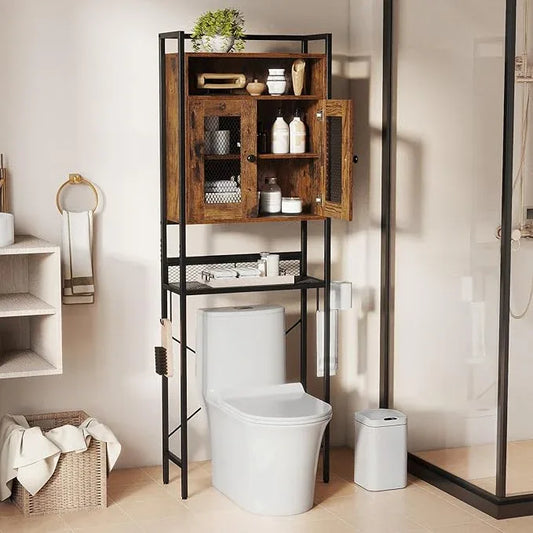 Tangkula Over The Toilet Storage Cabinet, 5-Tier Space Saver Above Toilet with 2 Mesh Doors, Metal Stand, Toilet Paper Holder & Hook, Freestanding Bathroom Cabinet Organizer for Laundry, Rustic Brown - ModernBath