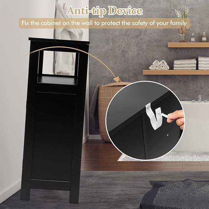 LDAILY Bathroom Storage Cabinet, Freestanding Organizer With Double Shutter Doors, Adjustable Shelf, Wooden Floor Cabinet for Kitchen, Entryway (Black) - ModernBath