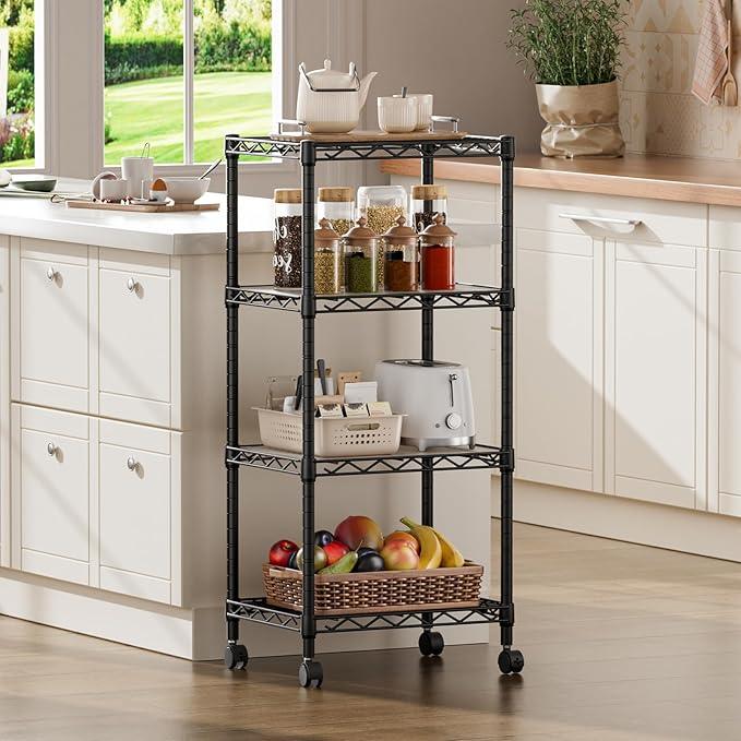 SINGAYE 4 Small Shelves Storage Shelf Wire Shelving Unit Metal Shelf Adjustable Organizers Storage Shelving with Wheels for Bathroom Laundry Room Kitchen Pantry11.5”D x 17.3”W x 44.5”H Black - ModernBath
