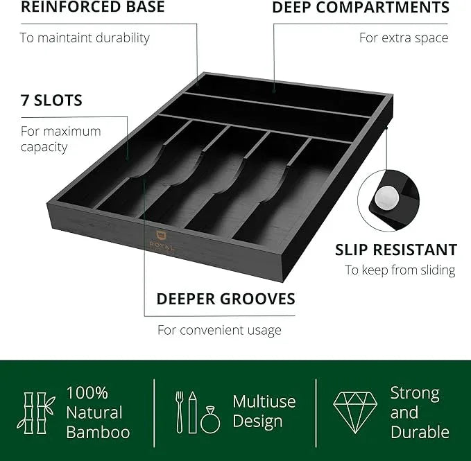 ROYAL CRAFT WOOD Luxury Bamboo Kitchen Drawer Organizer - Silverware Organizer - Utensil Holder and Cutlery Tray with Grooved Drawer Dividers for Flatware and Kitchen Utensils (7 Slot, Black) - ModernBath