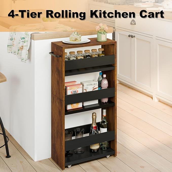 MARTY Slim Rolling Cart 4-Tier Utility Carts with Wheels Handle, Kitchen Storage Cart Slide Out Mobile Shelving Unit Organizer for Bathroom Laundry Room Organization Narrow Places (Rustic Brown) - ModernBath