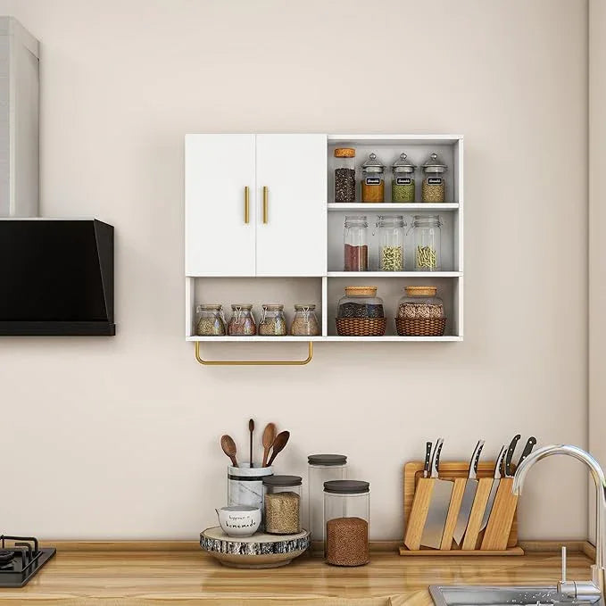 Bathroom Wall Cabinet Wood Large Wall Mounted Medicine Cabinet with 2 Doors and 4 Open Shelves Over Toilet Storage Cabinet Organizer with Towel Bar,White - ModernBath