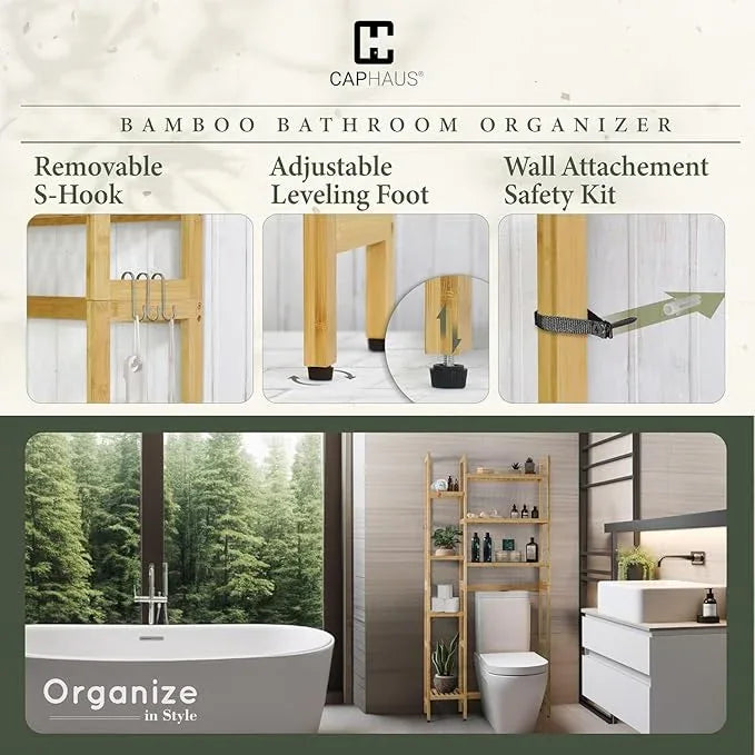 CAPHAUS Over -The -Toilet Storage Shelf,7-Tier Bamboo Bathroom Organizer Shelf Rack Over Toilet with Adjustable Feet & Hooks, Freestanding Toilet Shelf for Bathroom Laundry Balcony Plant Stand,Black - ModernBath