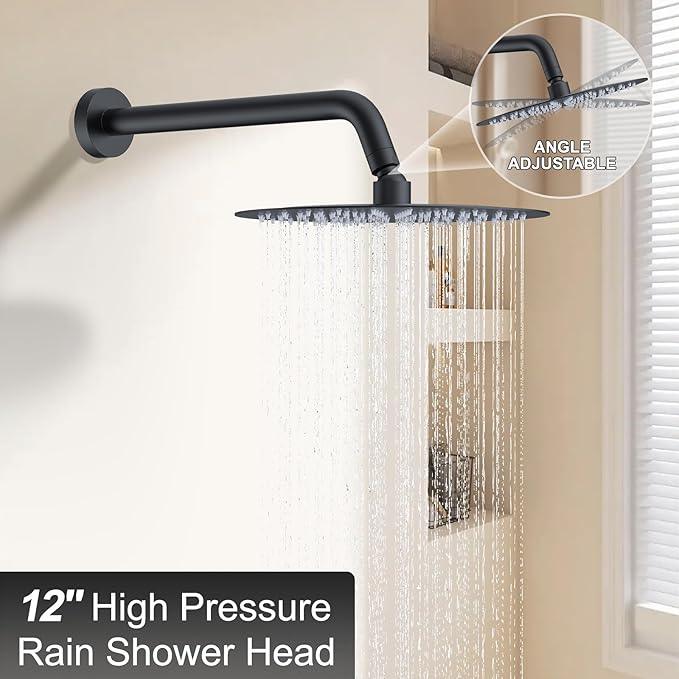 KOJOX 12-Inch Matte Black High-Pressure Shower System: Complete Set with Rainfall & Handheld Shower Heads, Wall-Mounted Mixer Faucet, Rough-In Valve, & Trim Kit for Bathroom - ModernBath