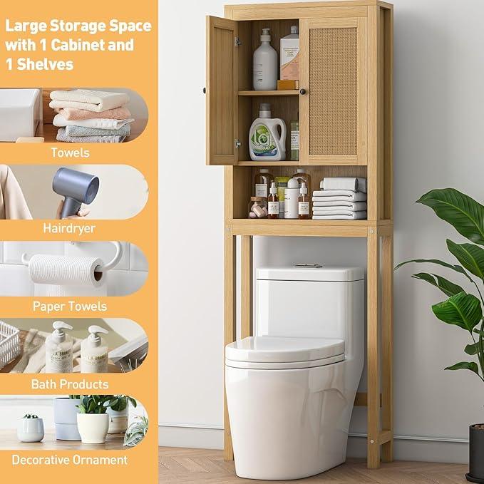 knoworld Rattan Over The Toilet Storage Cabinet, Above Toilet Bathroom Organizer with Adjustable Shelf, Behind Toilet Cabinet, Space Saver for Restroom, Bathroom, Laundry, Wood Rack, Natural - ModernBath