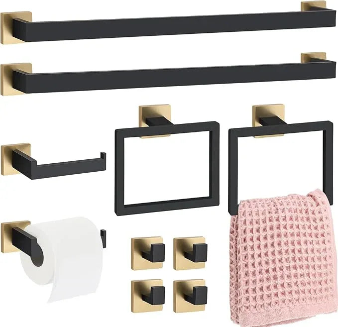 Gisafai 10 Pcs Black Gold Bathroom Hardware Accessories Set 23.6 Inch Bath Towel Bar Kit Stainless Steel Bathroom Hardware Set Towel Racks Ring Robe Hooks Paper Holder for Wall Mounted - ModernBath