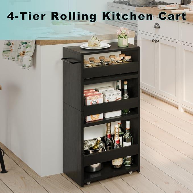 MARTY Rolling Storage Cart 7.9" W, 4-Tier Kitchen Cart with Wheels Handle, Slim Storage Cart Mobile Shelving Utility Carts for Bathroom Laundry Room Organization Narrow Places (All Black) - ModernBath