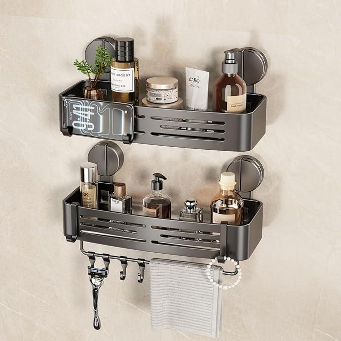 VOLPONE Shower Caddy Suction Cup No Drilling Suction Cup Shower Shelf Aluminum Bathroom Shower Organizer Storage Rack Adhesive with Towel Bar Hooks (2-Pack, Matte Gray) - ModernBath