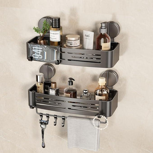 VOLPONE Shower Caddy Suction Cup No Drilling Suction Cup Shower Shelf Aluminum Bathroom Shower Organizer Storage Rack Adhesive with Towel Bar Hooks (2-Pack, Matte Gray) - ModernBath