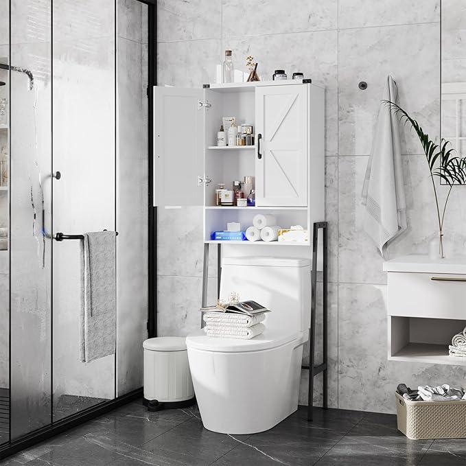Over The Toilet Storage Cabinet with 2-Door Design Bathroom Organizers and Storage with Anti-Tip Device Over Toilet Organizer with Shelves for Bathroom,Restroom,Laundry White - ModernBath