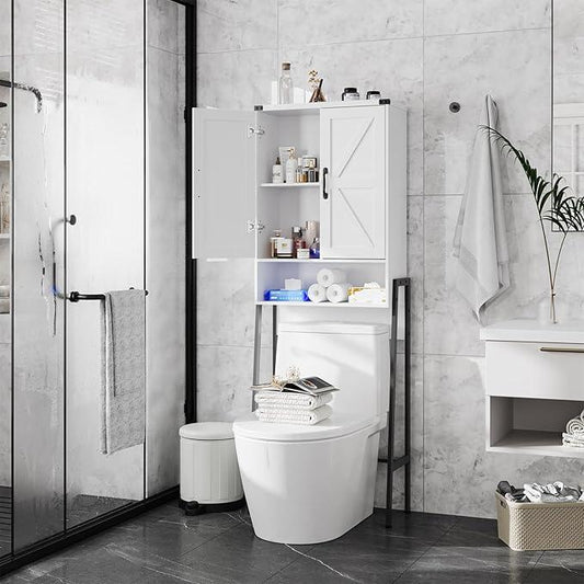 Over The Toilet Storage Cabinet with 2-Door Design Bathroom Organizers and Storage with Anti-Tip Device Over Toilet Organizer with Shelves for Bathroom,Restroom,Laundry White - ModernBath