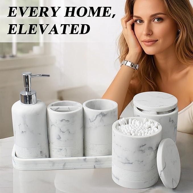 LIN CHUAN 6-Piece Bathroom Accessories Set, Organizer Set with Soap Dispenser, Toothbrush Holder Set, Vanity Tray, Tumbler & 2 Cotton Swab Jars – Modern Stylish Bathroom Storage(Marble White) - ModernBath