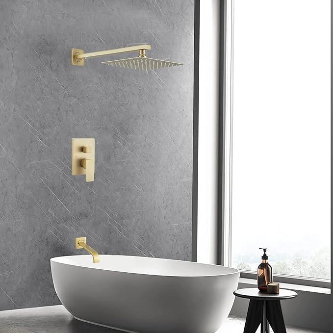 Heable ‎Brushed Gold Shower Faucet Set with Tub Spout Bathroom Luxury Rain Mixer Shower Head System Wall Mounted Shower Faucet Complete, Single Handle Tub and Shower Trim Kit with Rough-in Valve - ModernBath