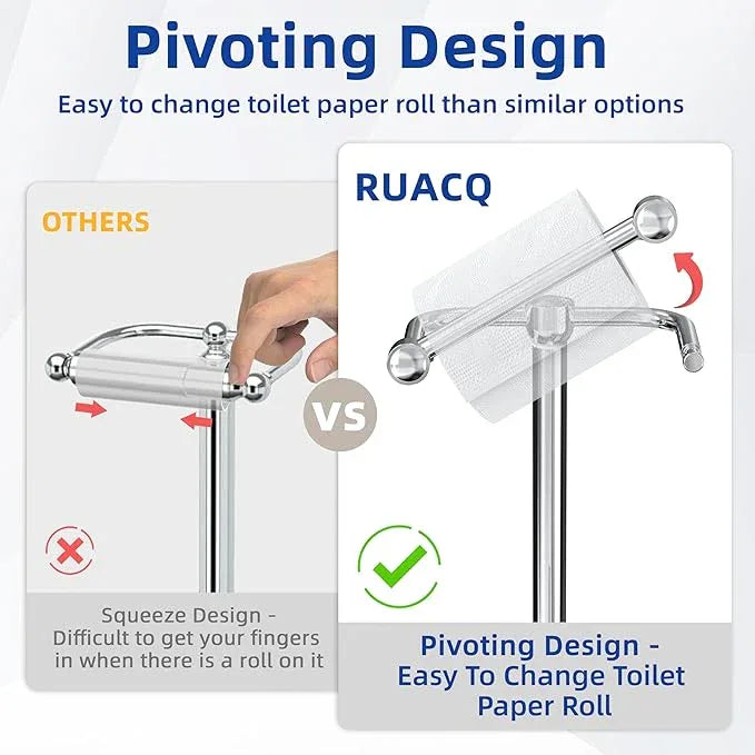 RUACQ Toilet Paper Holder Stand, Bathroom Toilet Paper roll Holder Free Standing with Storage for 4 Rolls, Post Pivoting Design, Stable Weighted Base, SUS304 Stainless Steel(Chrome) - ModernBath