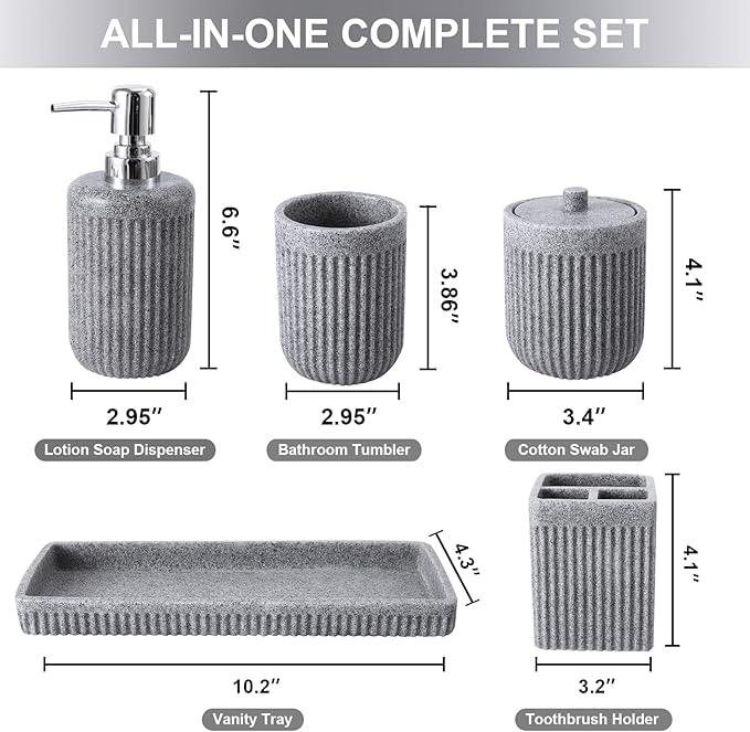XLHOMO Resin Grey Bathroom Accessories Set 5 Pcs, Lotion Soap Dispenser, Toothbrush Holder, Bathroom Tumbler, Qtip Holder and Vanity Tray, Bathroom Countertop Organizer Set for Modern Home Apartment - ModernBath