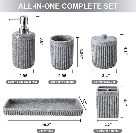 XLHOMO Resin Grey Bathroom Accessories Set 5 Pcs, Lotion Soap Dispenser, Toothbrush Holder, Bathroom Tumbler, Qtip Holder and Vanity Tray, Bathroom Countertop Organizer Set for Modern Home Apartment - ModernBath