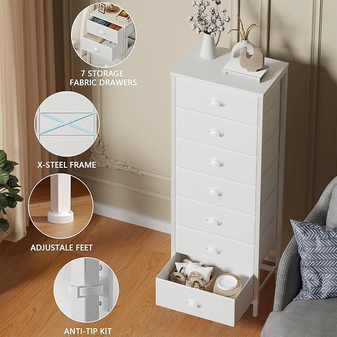Furnulem White Tall Dresser for Bedroom with 7 Drawers, Vertical Chest of Drawer in Closet, Nightstand Storage Tower Unit Organizer with Fabric Bins for Dorm,Living Room,Entryway,Hallyway - ModernBath
