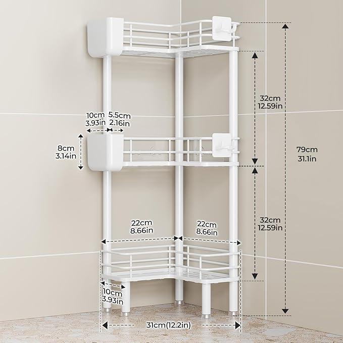 Orimade Rustproof 3 Tier Floor Standing Corner Shower Caddy Organizer with Toothbrush Holder, Large Spacing Floor Shower Shelf Rack Storage Stands with Hooks for Bathroom Kitchen, White - ModernBath