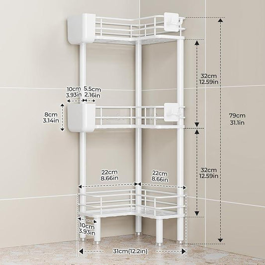 Orimade Rustproof 3 Tier Floor Standing Corner Shower Caddy Organizer with Toothbrush Holder, Large Spacing Floor Shower Shelf Rack Storage Stands with Hooks for Bathroom Kitchen, White - ModernBath
