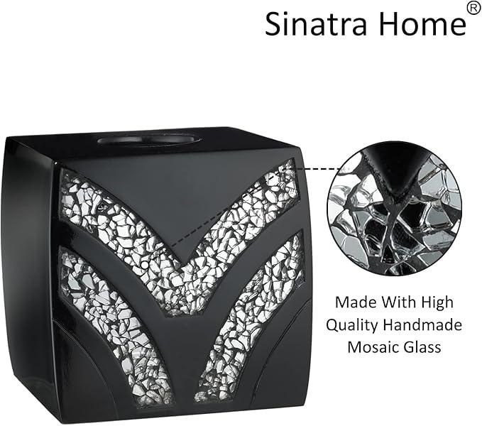 Zahari Home 2pc Sinatra Black Modern Bath Accessories Set Waste Basket & Tissue Box Modern Decorative Beautiful Designs Bathroom Decor Set for Home Luxury Bath Set Mosaic Glass - ModernBath