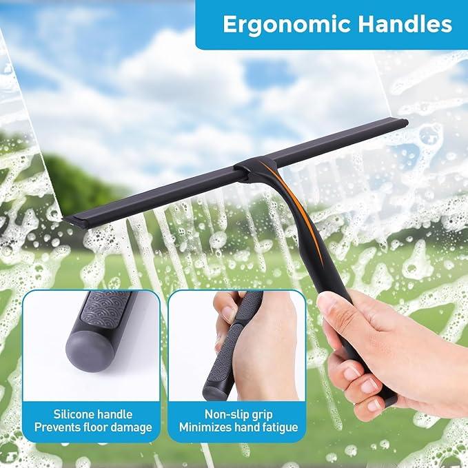 Quntis 12 Inch Squeegee for Shower Glass, Black Shower Squeegee with Adhesive Hooks Heavy Duty, Non-Slip Long Handle, Spare Blade, All-Purpose Squeegee Cleaning for Bathroom Doors Car Window - ModernBath