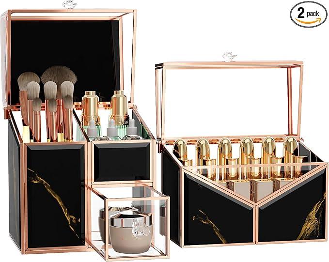 CoralHouse black makeup organizer – Vanity Holder with 18-Slot Lipstick Organizer & Covered Makeup Brush Holder – Skincare, Perfume & Cosmetic Display for Bathroom or Dresser - ModernBath