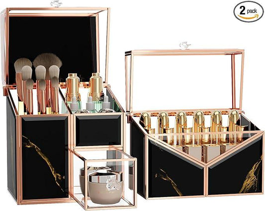 CoralHouse black makeup organizer – Vanity Holder with 18-Slot Lipstick Organizer & Covered Makeup Brush Holder – Skincare, Perfume & Cosmetic Display for Bathroom or Dresser - ModernBath