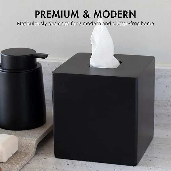Yew Design Matte Black Square Tissue Box Cover, Decorative Tissue Box Dispenser for Bathroom, Parlors, Office, Bedroom Dresser, Vanity Countertop, Nightstand, Car, and Desk - ModernBath