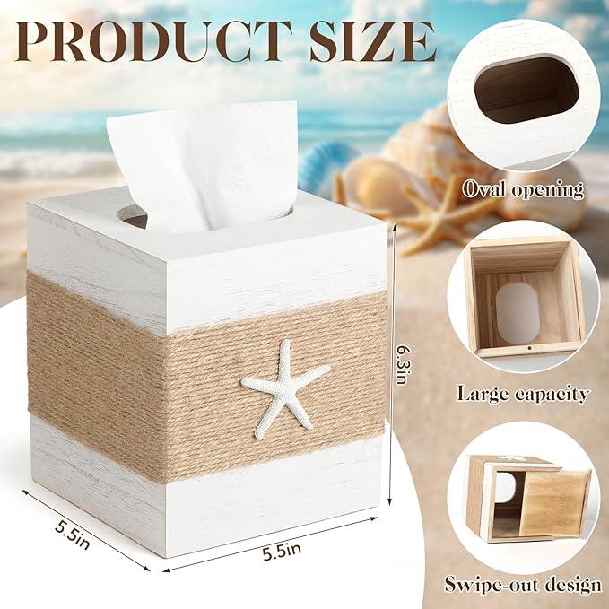 2 Pack Beach Rustic White Wood Square Tissue Box Cover with Slide-Out Bottom Panel - Beach Bathroom Decor Tissue Box Holder with Starfish for Living Room, Desk, Bedroom, Bathroom - ModernBath