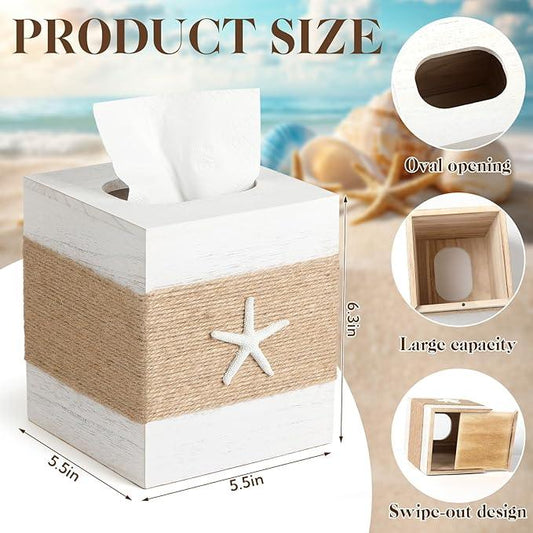 2 Pack Beach Rustic White Wood Square Tissue Box Cover with Slide-Out Bottom Panel - Beach Bathroom Decor Tissue Box Holder with Starfish for Living Room, Desk, Bedroom, Bathroom - ModernBath