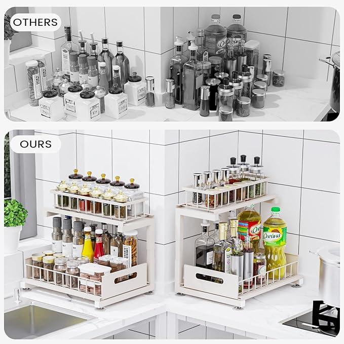 2 Pack Under Sink Organizer, Heavy Duty Metal Slide Out Sink Shelf Organizer Height Adjustable, Multi-Purpose Storage Shelf for Kitchen Bathroom (Sand,2Pack) - ModernBath