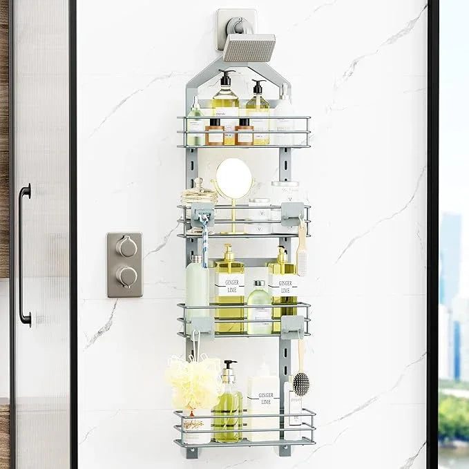 Orimade 4 Tier Adjustable Anti-slip Shower Caddy over Shower Head,Rustproof Bathroom Hanging shower Organizer with 4 Hooks for Razor,No Drilling Shower shelves Storage Rack, Light Grey - ModernBath