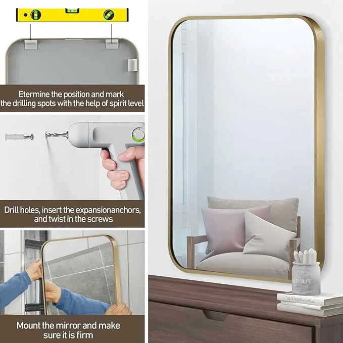 CLBA Gold Mirror, 24x32 Inch Gold Rectangle Mirror, Aluminum Alloy Framed Vanity Mirror, Rounded Rectangle Bathroom Mirror for Over Sink, Anti-Rust Wall Mirror (Horizontally or Vertically) - ModernBath