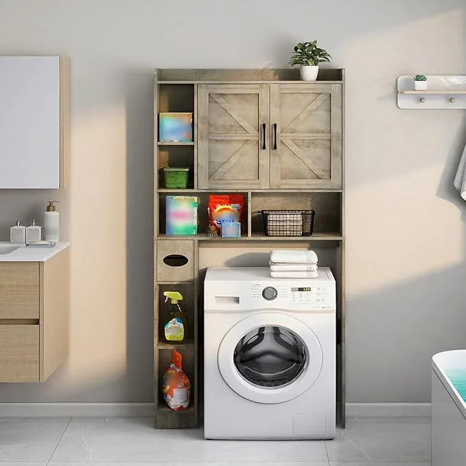 Over The Toilet Storage Cabinet, Farmhouse Storage Cabinet Over Toilet with 2 Barn Door & Toilet Paper Holder Stand, Home Space-Saving Rack, for Bathroom, Restroom (Grey). - ModernBath