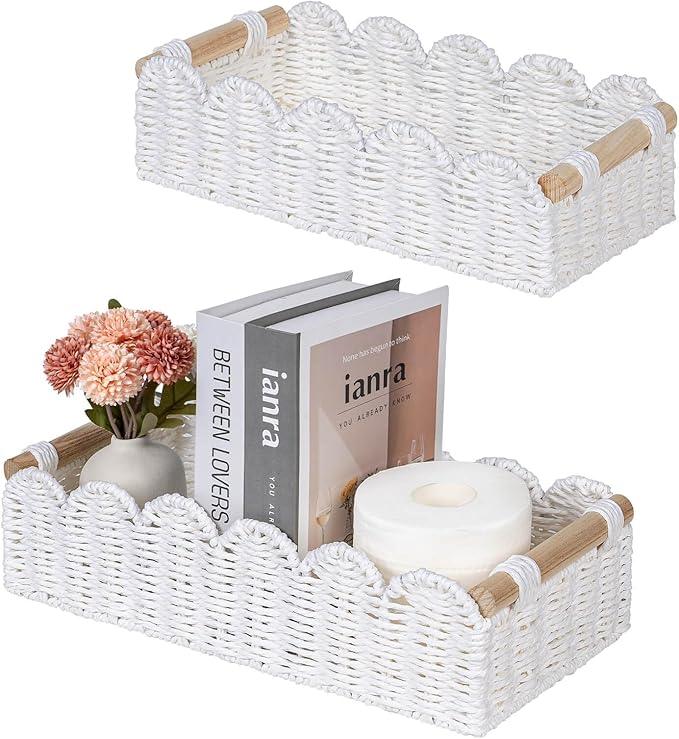 CubesLand Decorative Toilet Paper Storage Basket, Modern Farmhouse Home Decor Basket for Organizing, Scalloped Pantry Baskets for Shelves, Countertop, Living Room, w/Wood Handles, White 2 Sizes - ModernBath