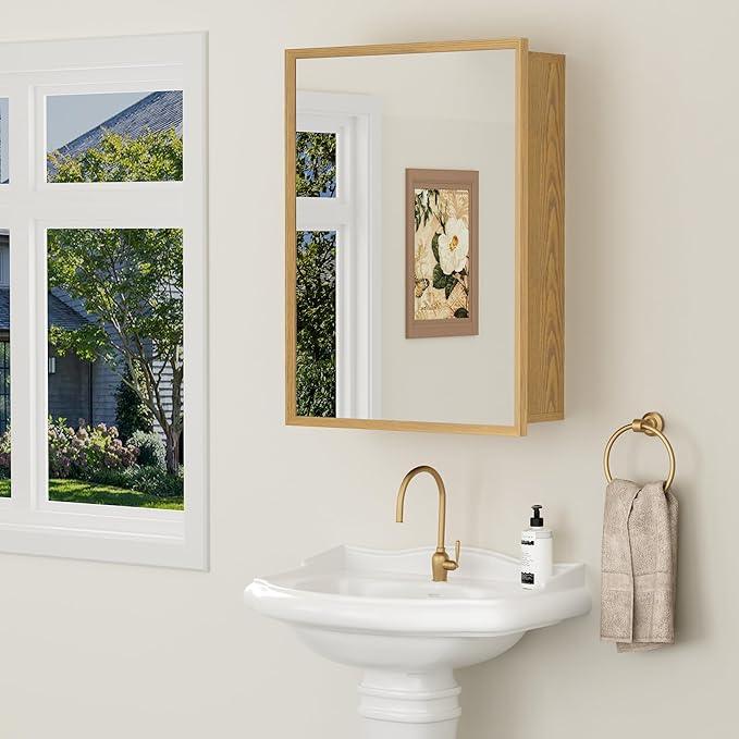 24x30 Inch Wood Medicine Cabinet with Mirror, Surface or Recessed Mounted Bathroom Cabinets with Adjustable Shelves, Soft-Close Hinges, Wall Mounted Cabinet for Storage, Oak-Grain - ModernBath