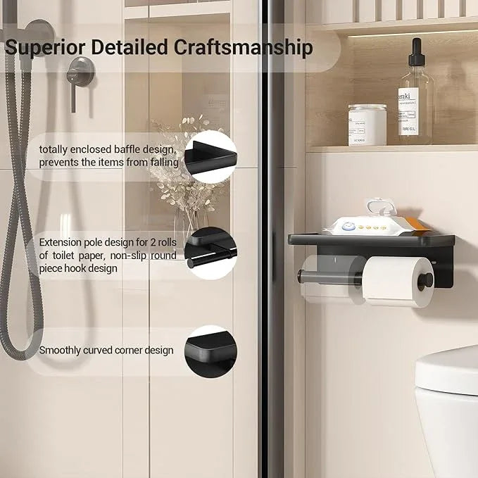 Toilet Paper Holder with Shelf,LigoVenmo Toilet Paper Holder Wall - Modern Minimal Aluminium Double Roll Design,Adhesive or Screw Bathroom Black Toilet Paper Roll Holder with Wipes Storage - ModernBath