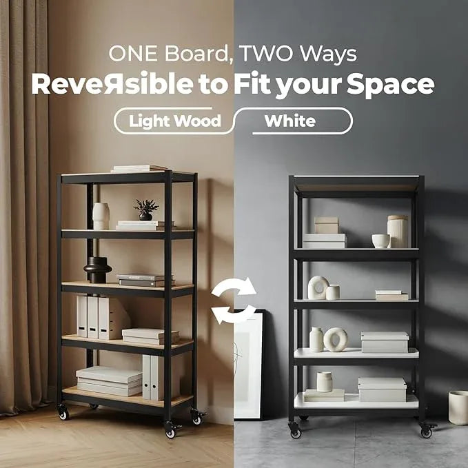 HOMEDANT House 5-Tier Metal Rolling Cart Shelf Rack Casters Heavy Duty Laminated Wheel Shelving Unit Adjustable Utility Storage Shelves Organizer Shelf Kitchen Garage (2, (L) 48.1" W, Black) - ModernBath