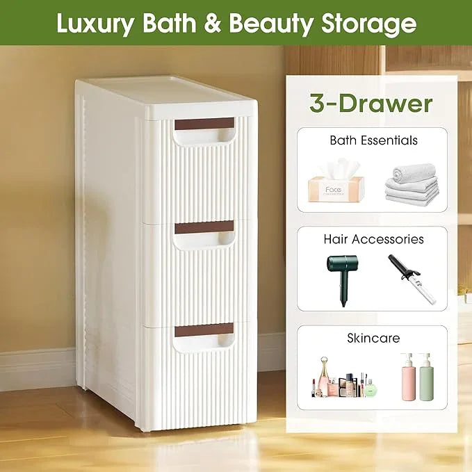 3 Drawers Narrow Storage Cabinet, Slim Bathroom Storage Cabinet, Plastic Rolling Cart Organizer for Small Spaces, Laundry, Office, Home, White - ModernBath