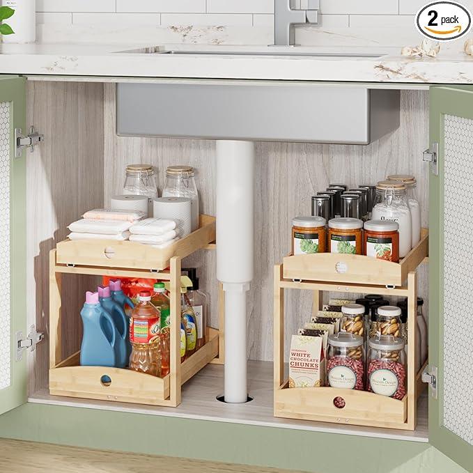 Bamboo Wood Under Sink Organizer 1 Pack, Pull Out Cabinet Organizer 2 Tier Under Sink Organizers and Storage with Sliding Drawer Sturdy Easy Assembly for Kitchen Bathroom Undersink (Nature, 2 Packs) - ModernBath