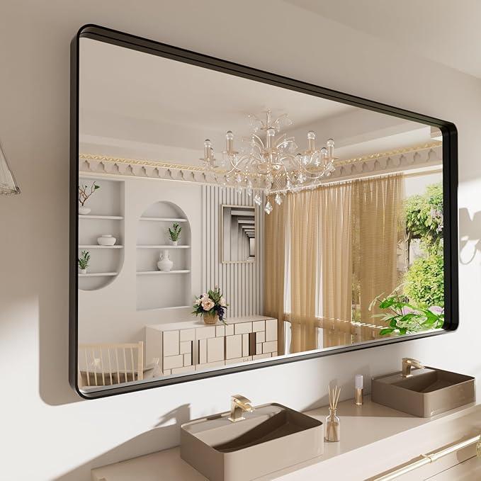 LOAAO 72X40 Inch Black Metal Framed Bathroom Mirror for Wall, Matte Black Bathroom Vanity Mirror Farmhouse, Large Rounded Rectangle Mirror, Anti-Rust, Tempered Glass, Hangs Horizontally or Vertically - ModernBath