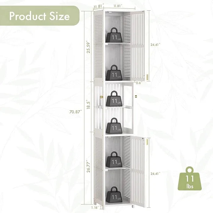 Amazer 70'' Tall Bathroom Storage Cabinet Bamboo, Slim Storage Cabinet with Rattan Door and Adjustable Shelves, Narrow Freestanding Organizer for Living Room Kitchen, White - ModernBath