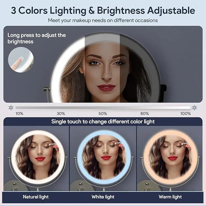 Rocollos Rechargeable Wall Mounted Lighted Makeup Mirror, 8 Inch Double-Sided LED Vanity Mirror 1X/10X Magnification,3 Color Lights Touch Screen Dimmable 360°Swivel 13 Inch Extendable - ModernBath