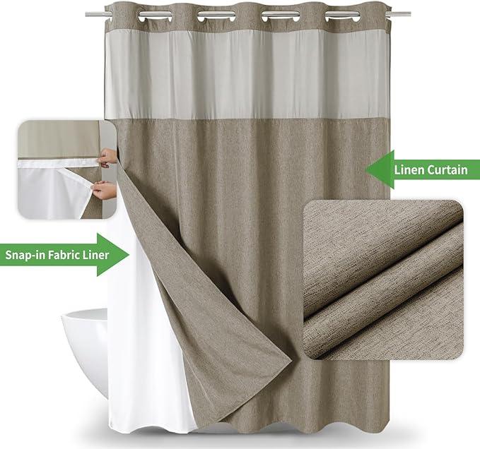 eachope Extra Long No Hooks Needed Linen Textured Shower Curtain with Snap-in Fabric Liner Set,Hotel Luxury Decor Shower Curtains for Bathroom,Waterproof & Washable,71Wx86H,Khaki/Tan - ModernBath
