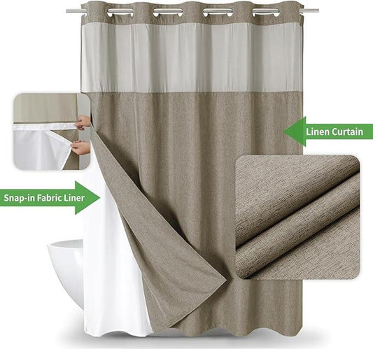 eachope Long No Hooks Needed Linen Textured Shower Curtain with Snap-in Fabric Liner Set,Hotel Luxury Decor Shower Curtains for Bathroom,Waterproof & Washable,71Wx80H,Khaki/Tan - ModernBath