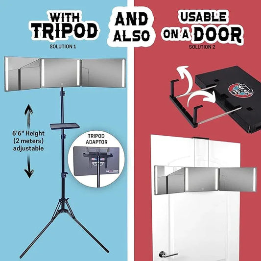 LIPFISBARBERSHOP.COM 360° Mirror with Tripod, 3-Way Mirro for Self Hair Cutting, Includes Crystal-Clear Glass, 4 LEDs, USB-C Fast Charging, Rechargeable Battery (360 Mirror + Tripod + Adapter) - ModernBath